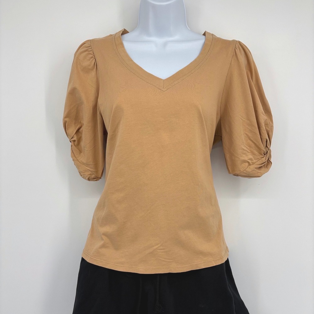Avec Les Filles Knotted Puff Sleeve Top Women M Tan V Neck Cotton